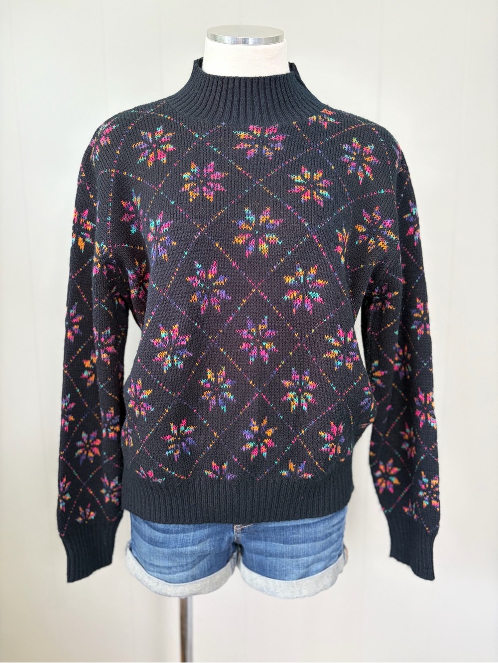 Vintage 80s Keneth Too Made in USA Black Neon Fair Isle Sweater